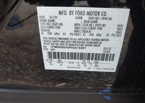 2024 Ford Explorer Xlt from USA, damaged, VIN 1FMSK8DH0RGA16491